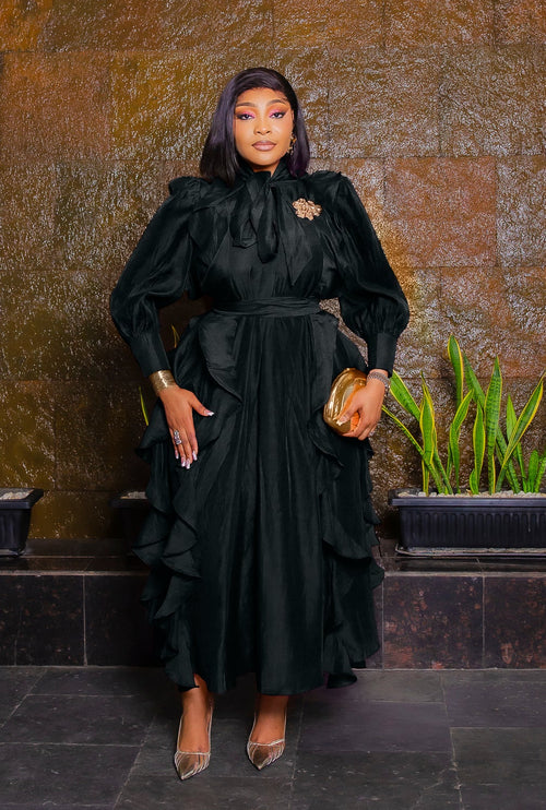 Regal Orchid Ruffles- 3pcs Tie Neck Brooch Kaftan Dress/Under Slip/Fabric Belt SET (New! 2 colors!)