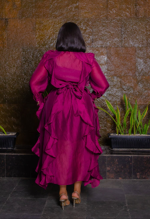 Regal Orchid Ruffles- 3pcs Tie Neck Brooch Kaftan Dress/Under Slip/Fabric Belt SET (New! 2 colors!)