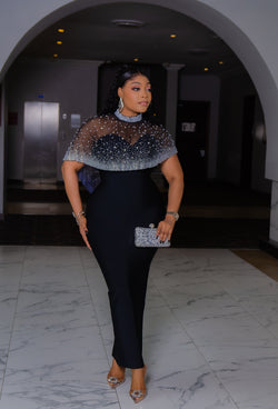 Opulent Sparkle Queen- 2pcs Bustier Tube Dress with Gemstone Mesh Cape SET (New)