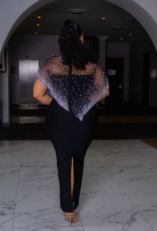 Opulent Sparkle Queen- 2pcs Bustier Tube Dress with Gemstone Mesh Cape SET