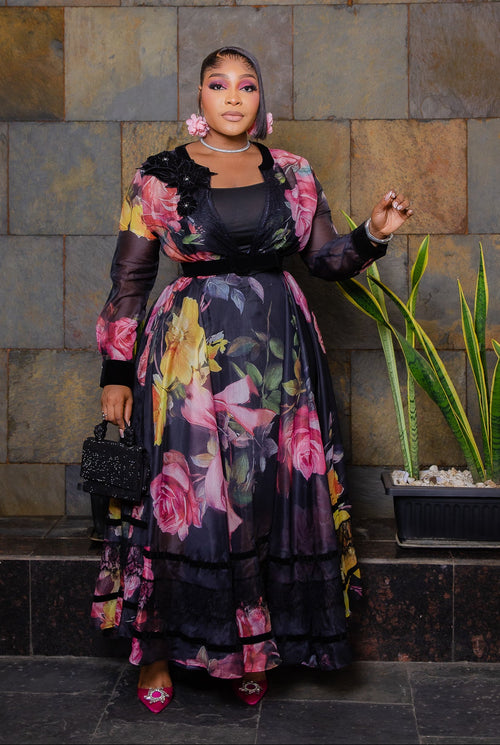 Onyx Blossom- Floral Maxi Dress/Underslip/Belt (New!)