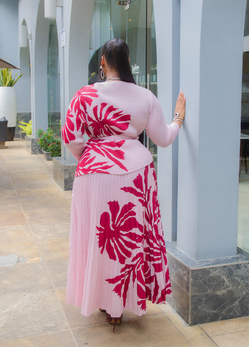 Petal Opulence- 3pcs Plisse Peplum Blouse/Pleated LONG Skirt/Belt Set (New! 2 Colors)