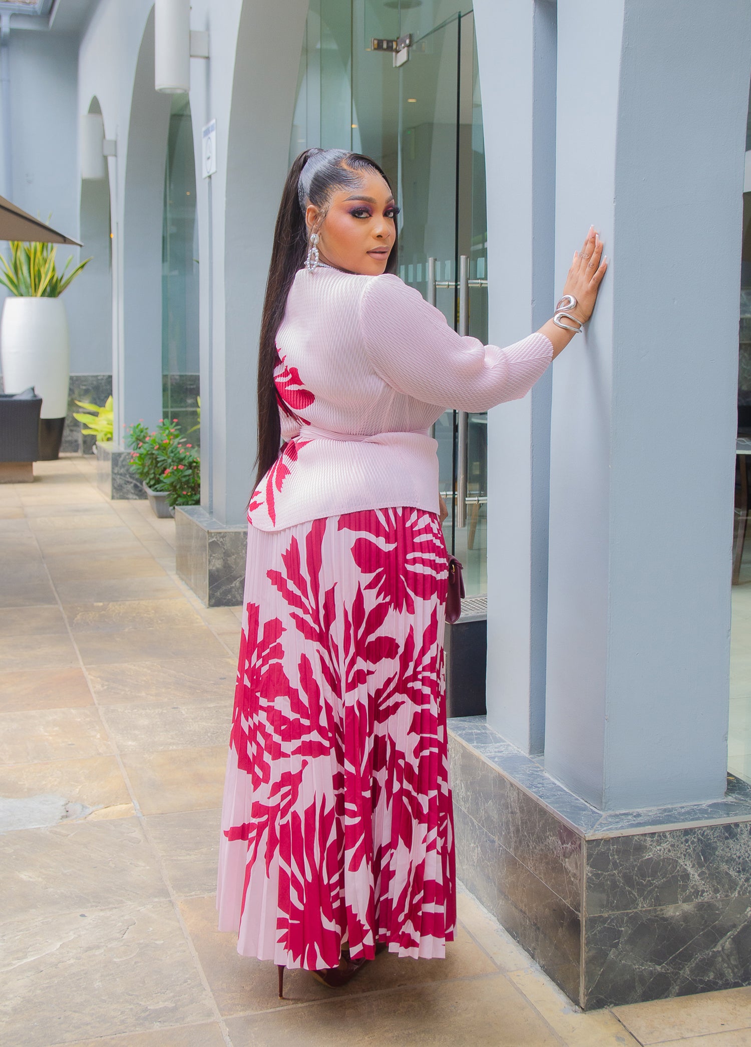 Petal Opulence- 3pcs Plisse Peplum Blouse/Pleated LONG Skirt/Belt