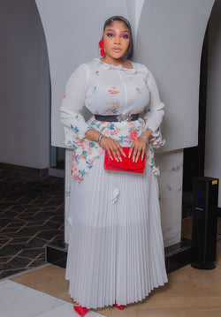 Liliana Elegance - 3pcs Plisse Floral Blouse/Pleated LONG Skirt/Belt Set (New! 3 Colors)