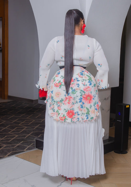 Liliana Elegance - 3pcs Plisse Floral Blouse/Pleated LONG Skirt/Belt Set (New! 3 Colors)