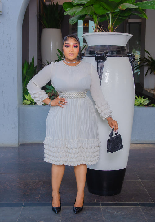 Serafina Pearl Elegance- Blinged Neckline Pleats Midi Dress (3 colors)