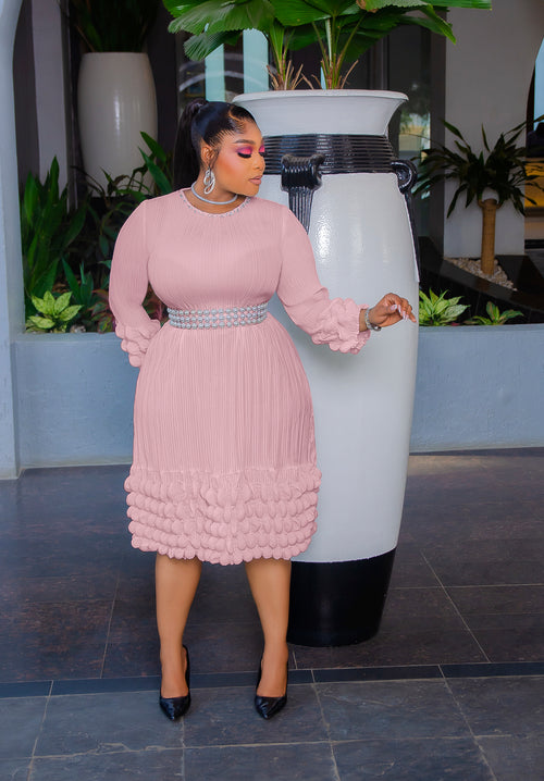 Serafina Pearl Elegance- Blinged Neckline Pleats Midi Dress (3 colors)