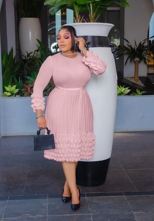 Serafina Pearl Elegance- Blinged Neckline Pleats Midi Dress (3 colors)