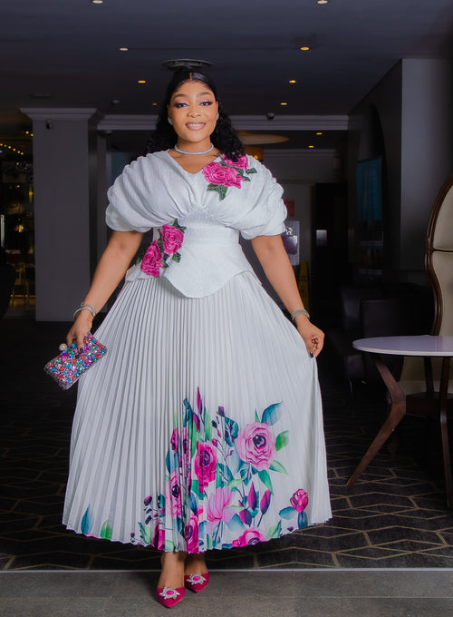Blossom Elegance- Floral Pleats Peplum Dress (New!)