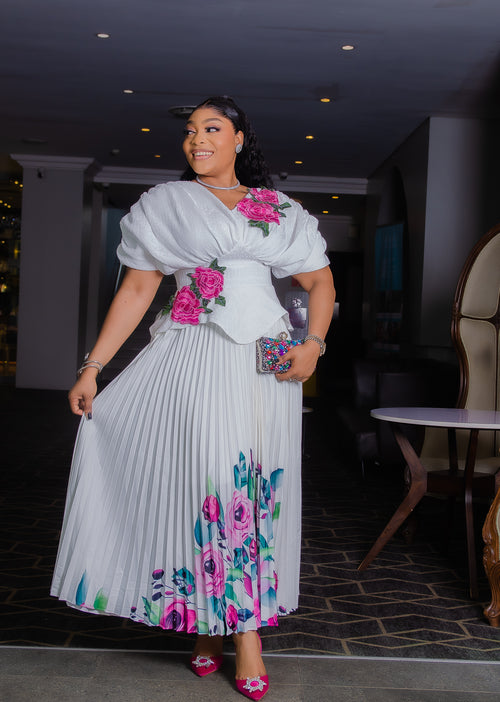 Blossom Elegance- Floral Pleats Peplum Dress (New!)