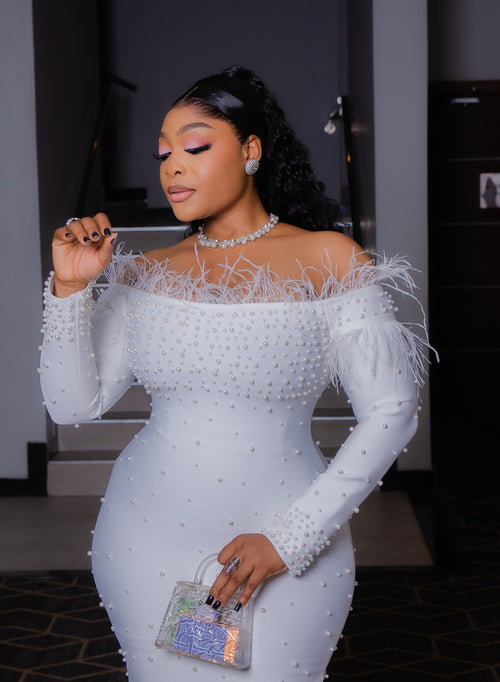 Ebony Glitz and Glam- Beaded Feather Bandage Dress (2 colors!)