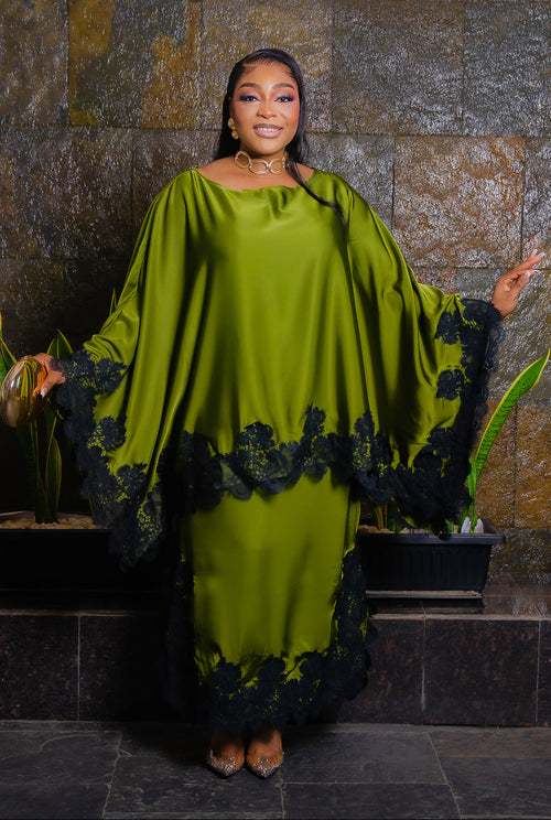 Wealthy Aunty Elegance- Convertible Lace Cape Blouse & Maxi Skirt 2pcs Set (New! 4 colors)