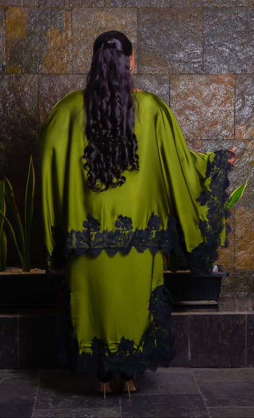 Wealthy Aunty Elegance- Convertible Lace Cape Blouse & Maxi Skirt 2pcs Set (New! 4 colors)