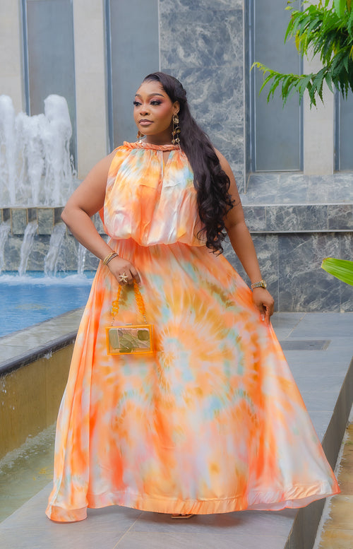 Venus Sunset- Silk Blend Tie Dye Inspired Maxi Dress (New)