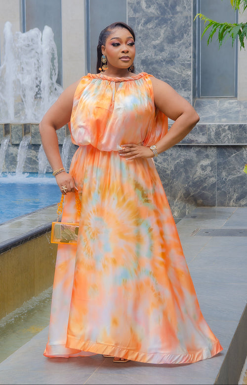 Venus Sunset- Silk Blend Tie Dye Inspired Maxi Dress (New)