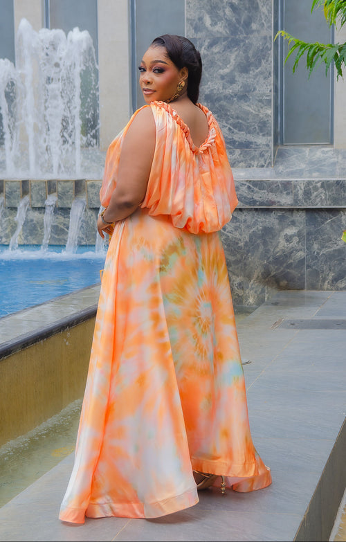 Venus Sunset- Silk Blend Tie Dye Inspired Maxi Dress (New)
