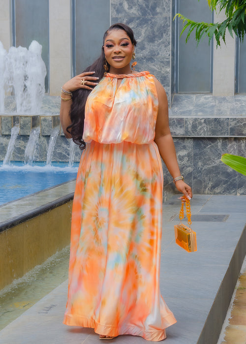 Venus Sunset- Silk Blend Tie Dye Inspired Maxi Dress (New)