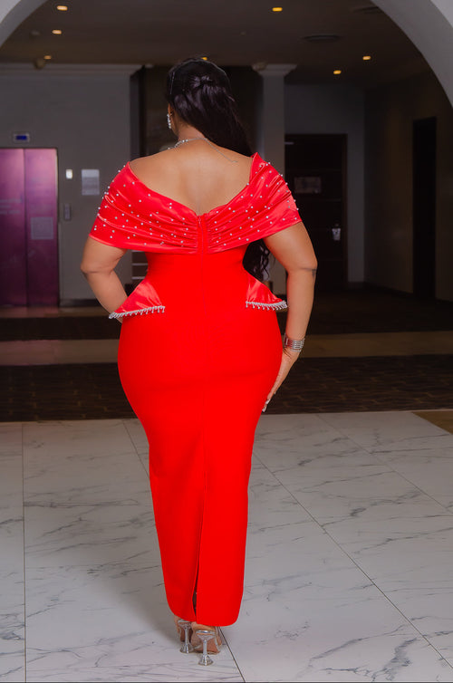 Pearl Wrap Queen- Off Shoulder Gemstone Peplum Illusion BANDAGE Dress (New) (2 Colors)