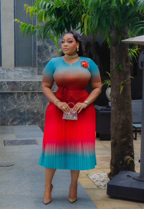 Queen Beauty- Ombre Pleated Fit & Flare Peplum Illusion Dress/Belt (NEW) (2 colors))