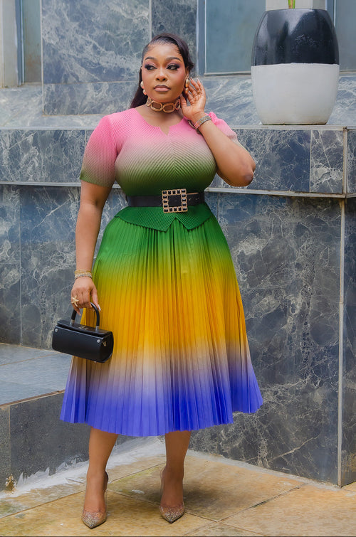 Queen Beauty- Ombre Pleated Fit & Flare Peplum Illusion Dress/Belt (NEW) (2 colors))
