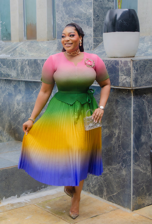 Queen Beauty- Ombre Pleated Fit & Flare Peplum Illusion Dress/Belt (NEW) (2 colors))