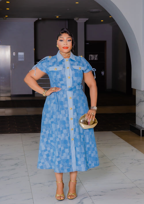 Denim Patch Luxury- Ruched Midi Dress with Belt (New!)