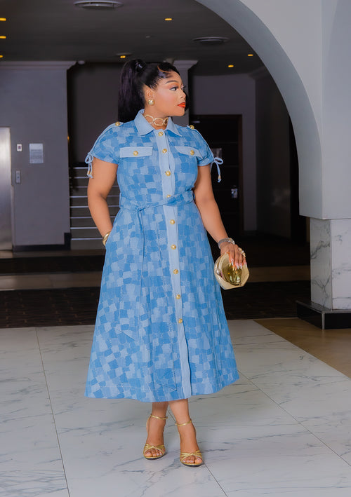 Denim Patch Luxury- Ruched Midi Dress with Belt (New!)