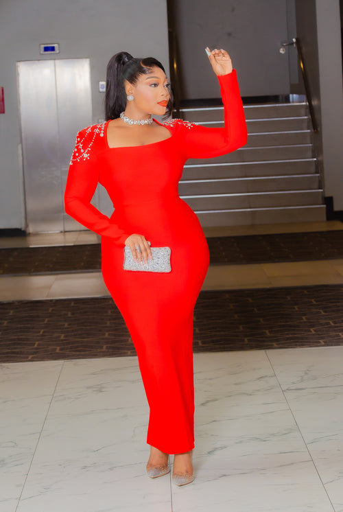 Radiant Dynasty Queen- Blinged Power Shoulders Long BANDAGE Dress (New! 3 colors!)