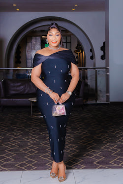 Radiant Opulence Wrap- Off Shoulder Neck Gemstone BANDAGE Dress (New)