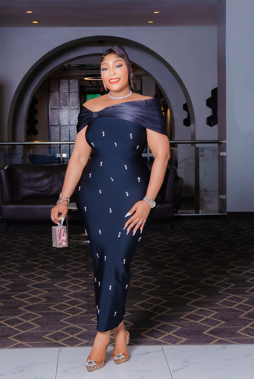 Radiant Opulence Wrap- Off Shoulder Neck Gemstone BANDAGE Dress (New)
