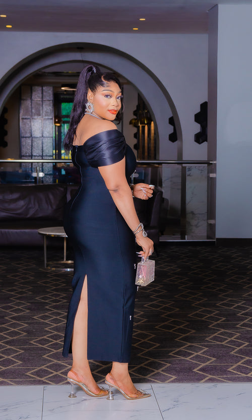 Radiant Opulence Wrap- Off Shoulder Neck Gemstone BANDAGE Dress (New)