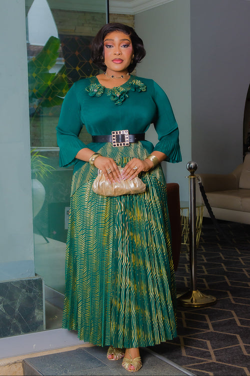 Golden Bloom Elegance- 3pcs Plisse 3D Floret Blouse/Pleated LONG Skirt/Belt Set (New! 2 Colors)