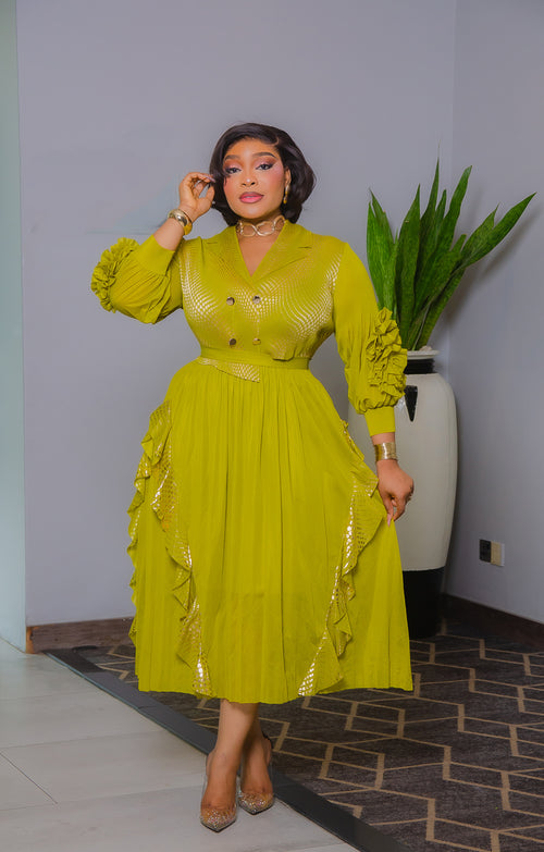 Gold Rush- Buttons Embellished Long Length Dress/Belt (NEW)