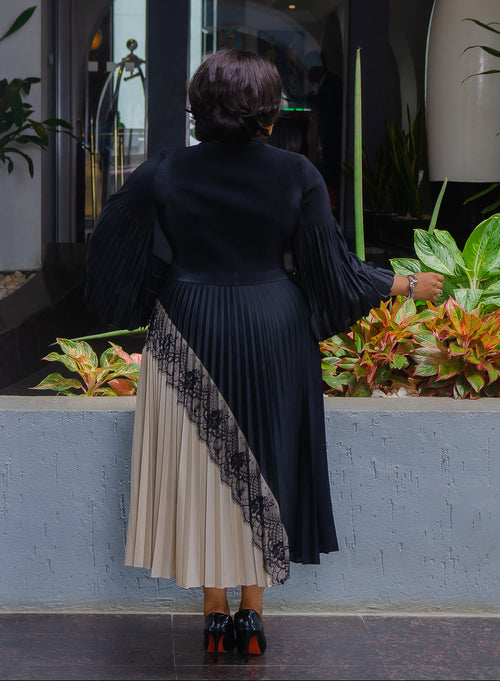 Nora Belle black and cream pleated midi dress with contrast cream side panel and lace detailing