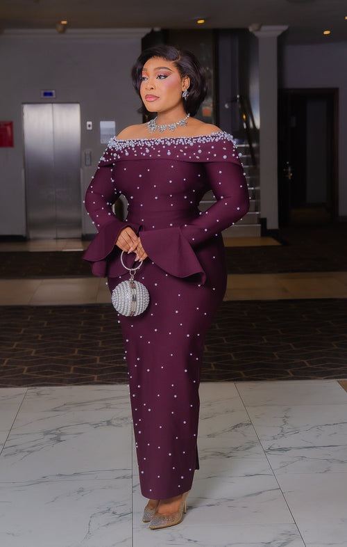 Haute Plum Elegance- Blinged Off Shoulder BANDAGE Dress (New!)