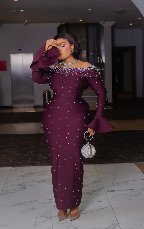 Haute Plum Elegance- Blinged Off Shoulder BANDAGE Dress (New!)