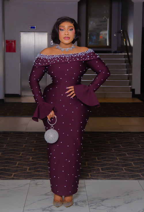Haute Plum Elegance- Blinged Off Shoulder BANDAGE Dress (New!)