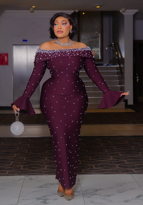 Haute Plum Elegance- Blinged Off Shoulder BANDAGE Dress (New!)