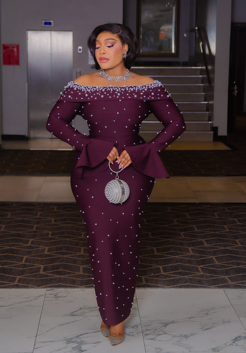 Haute Plum Elegance- Blinged Off Shoulder BANDAGE Dress (New!)