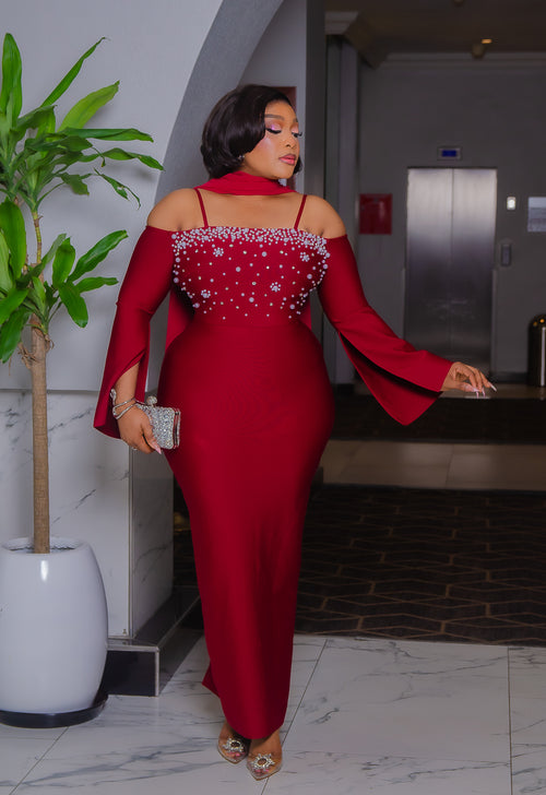 Bordeaux Pearl Empress- Blinged Off Shoulder BANDAGE Dress (New!)