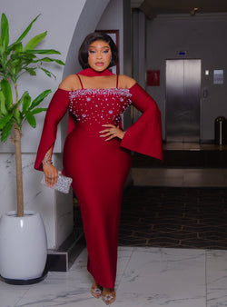 Bordeaux Pearl Empress- Blinged Off Shoulder BANDAGE Dress (New!)
