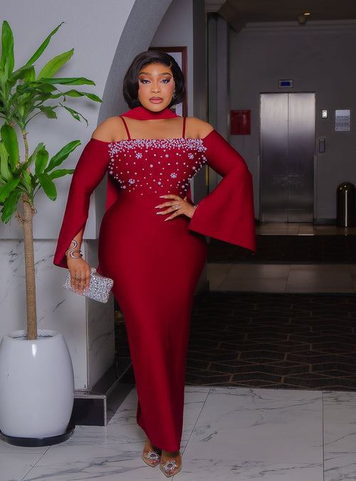 Bordeaux Pearl Empress- Blinged Off Shoulder BANDAGE Dress (New!)