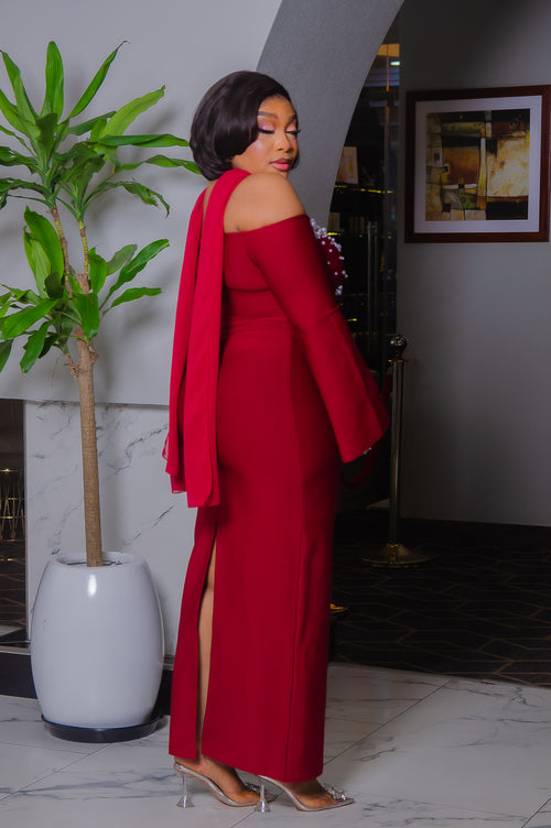Bordeaux Pearl Empress- Blinged Off Shoulder BANDAGE Dress (New!)