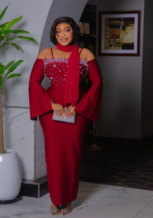 Bordeaux Pearl Empress- Blinged Off Shoulder BANDAGE Dress (New!)