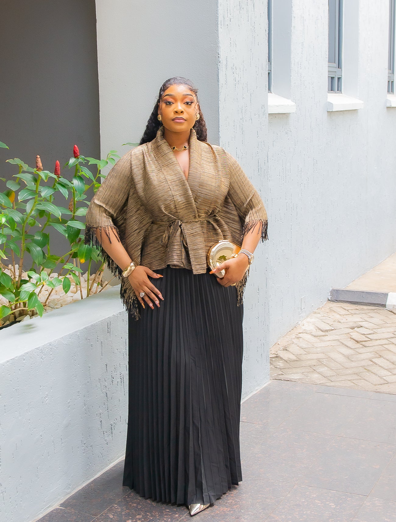 Goldie Belle Charm - Overlay Plisse TASSEL Blouse & Pleated Skirt
