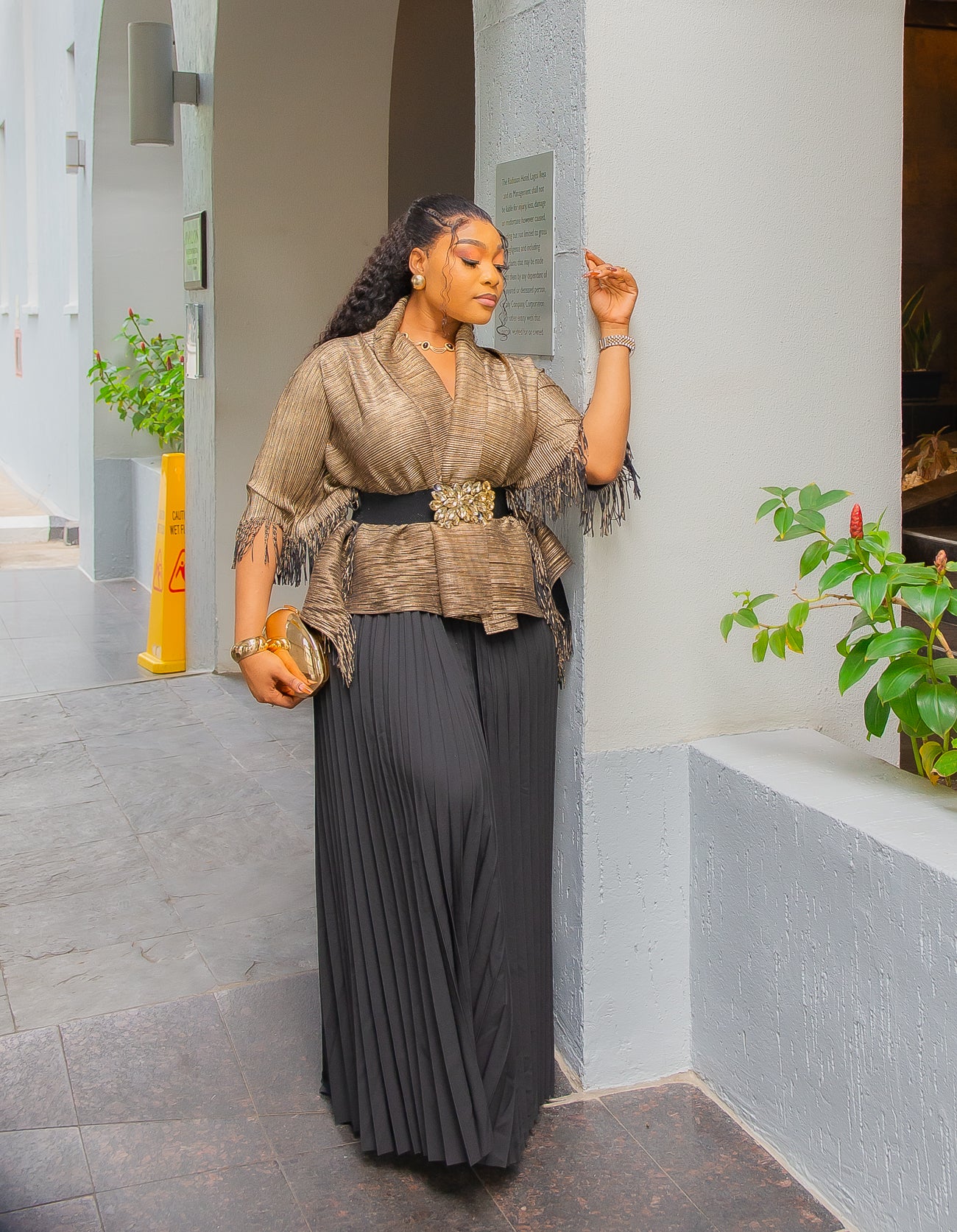 Goldie Belle Charm - Overlay Plisse TASSEL Blouse & Pleated Skirt