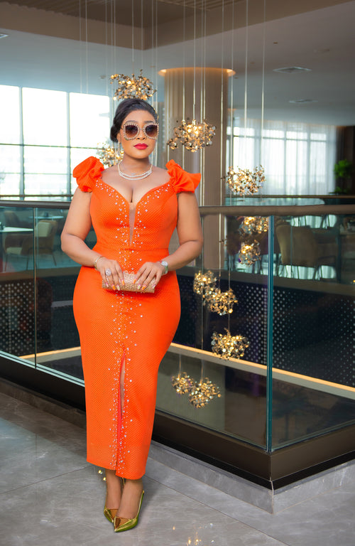 Saffron Sovereign Luxe- Blinged Puff Sleeve Dress (New)