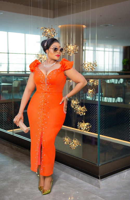 Saffron Sovereign Luxe- Blinged Puff Sleeve Dress (New)