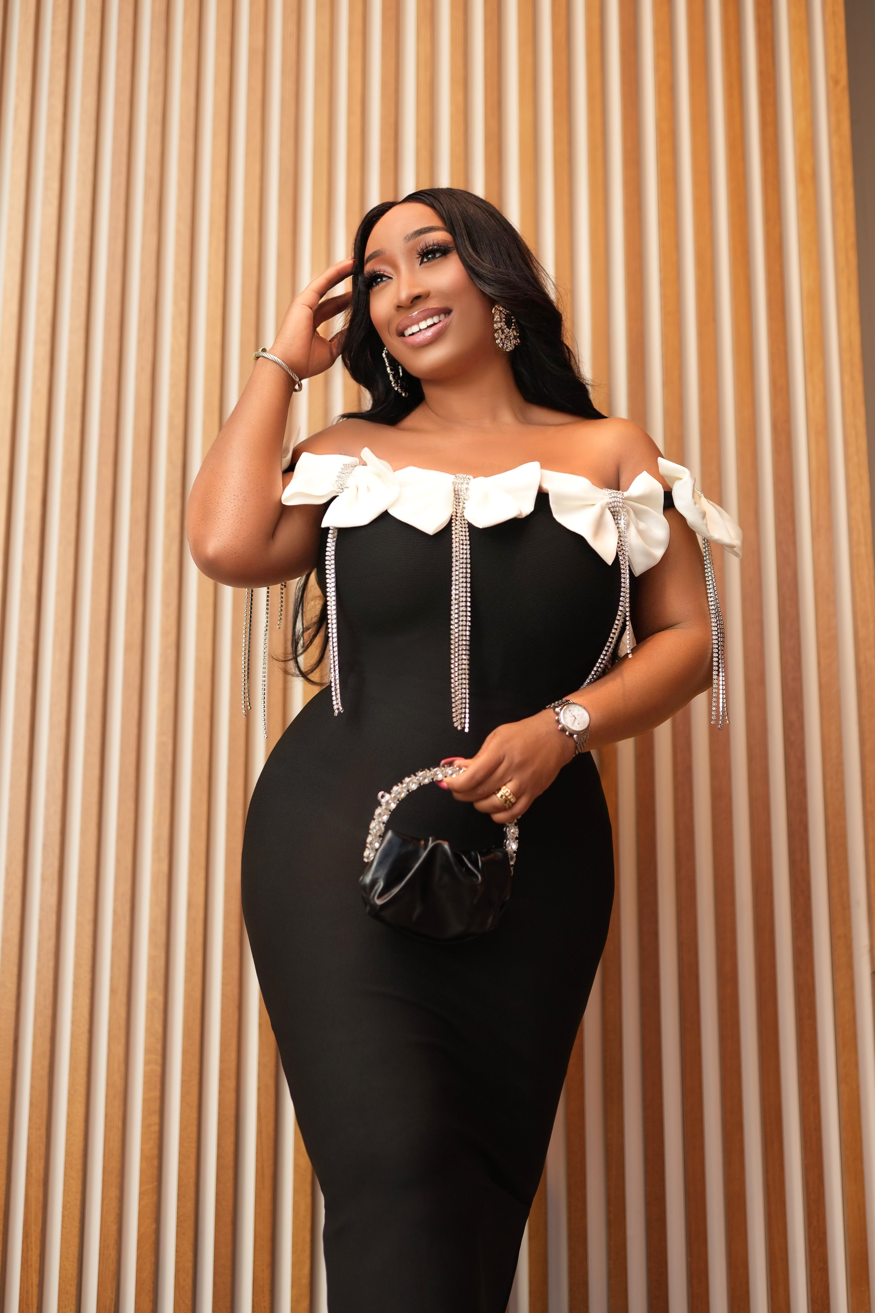 Starlit Radiance Queen- Draping Rhinestones Off shoulder BANDAGE