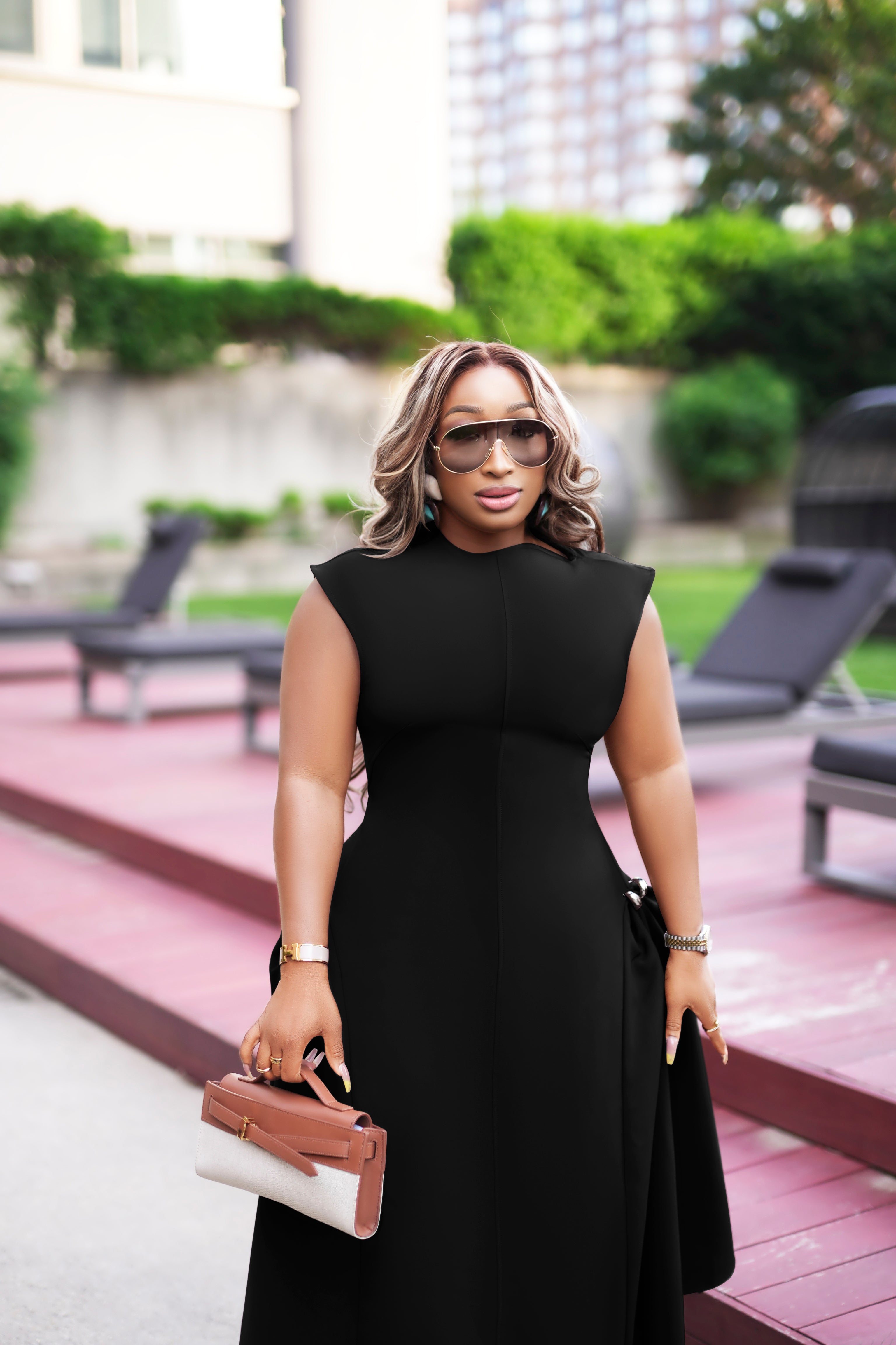 Brown Sugar- Fit/Flare Asymmetric Midi Dress/W Brooch (New)(2